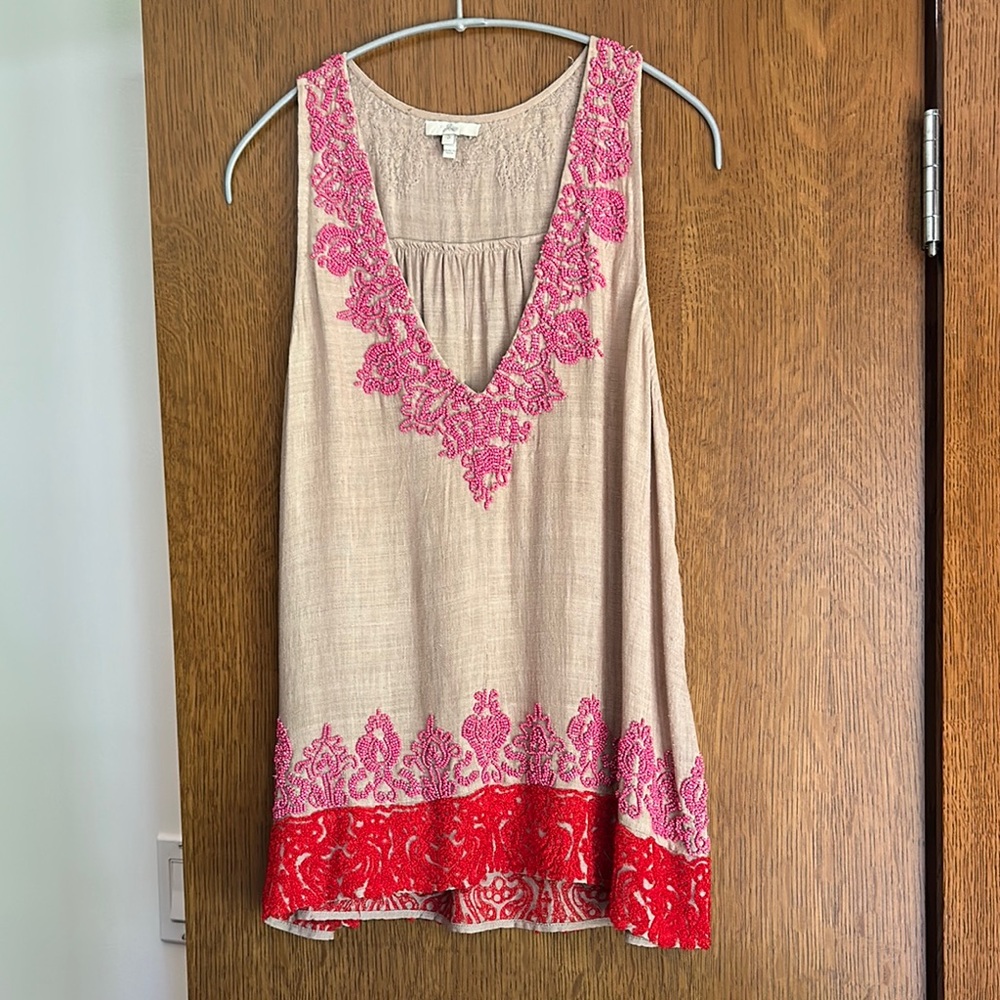 Joie Tan Sleeveless Tank Top with Paisley Embroidery